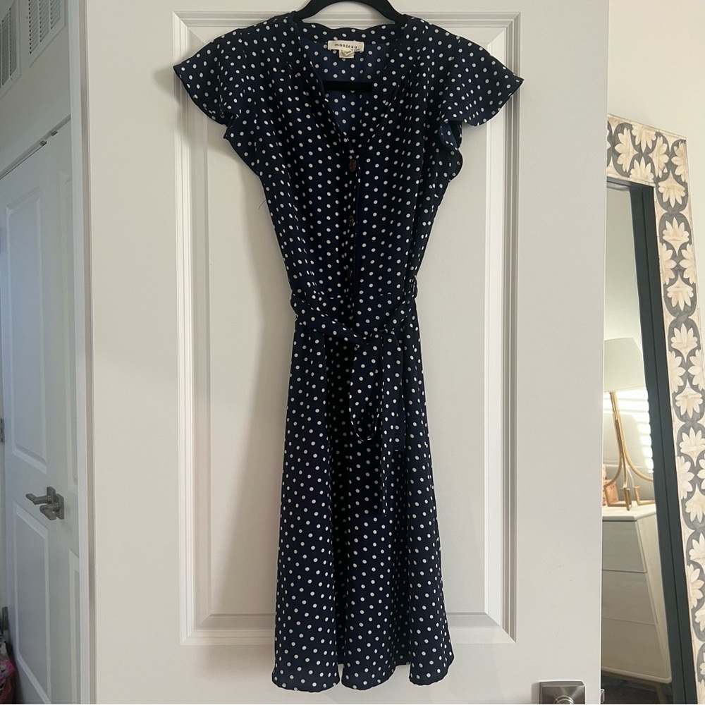 Navy dress with white polka dots